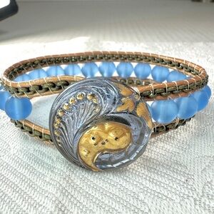HAND Crafted Blue 3-Strand Bead Bracelet With Button Closure